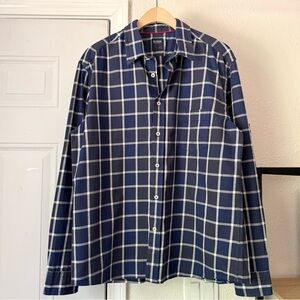 BENSON NEW YORK blue white plaid long sleeve button up shirt